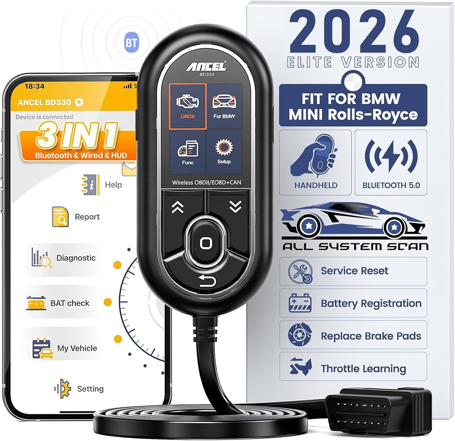 ANCEL BD330 BMW/MINI/Rolls-Royce Scanner (Battery Registration + Resets + OBD2)